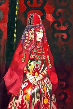 a painting of a woman in red and gold