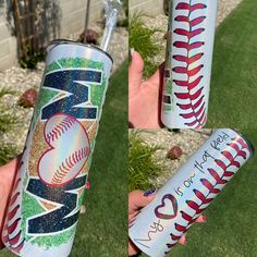 two hand painted baseball tumblers with i love you to the base ball game on them