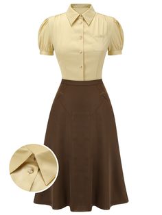 2PCS Lapel Puff Sleeve Solid Blouse & High Waist Skirt | Retro Stage 1980s Clothes Women, 1939 Fashion Women, Vintage Southern Outfits, 1978 Fashion Woman Style, 1960s Inspired Fashion, Old Teacher Outfits, 1930s Fashion Women Dresses, 1890s Womens Fashion, 1970 Outfits Women