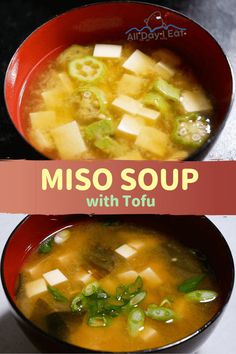 miso soup with tofu in a red bowl