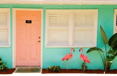 two pink flamingos stand in front of a blue house with white shutters and windows