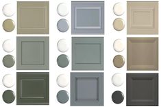 several different shades of gray and white paint arranged in squares, rectangles, and circles