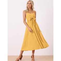 You will love this sweet dress in your spring-summer outings. This dress features a sleeveless and square neck with a Solid color for eye-catching. You can pair them with your block-heeled sandals or mule shoes to complete the look. You can also accessorize with a wide-brimmed sun hat, sunglasses, and a cute beach bag for a vacation style. This dress is suitable for many occasions, such as dating, daily wear, dancing, holidays, etc. Yellow Dress With Straight Neckline For Summer, Sleeveless Summer Dress With Bow Straps, Summer Sleeveless Dress With Bow Straps, Summer Dresses With Bow Straps And Sleeveless Design, Sleeveless Summer Suspender Dress With Tie Straps, Sleeveless Suspender Dress With Tie Straps For Summer, Square Neck Dresses With Bow Straps For Day Out, Sleeveless Sundress With Straps For Garden Party, Summer Sundress With Adjustable Straps For Picnic