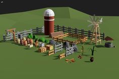 an animated farm scene with a windmill, barn, and other items in the foreground