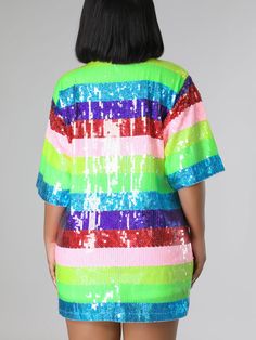 DETAILS Sequin Rainbow T-shirt dress SIZE CHART Size Length Bust One Size 80cm | 31.5 in 118cm | 46.5 in Spring V-neck Party T-shirt, Casual Crew Neck Sequin Dress, Multicolor Half Sleeve T-shirt For Summer, Spring Party Multicolor T-shirt, Rainbow Short Sleeve Dress For Spring, Multicolor Short Sleeve Mini Dress For Party, Multicolor Short Sleeve Dress For Party, Colorful Vibrant Short Sleeve Dress, Vibrant Colorful Short Sleeve Dresses