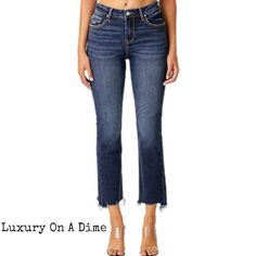 Trendy Dark Wash Cropped Leg Flare Jeans, Non-stretch High Rise Jeans With Frayed Hem, Trendy Dark Wash Cropped Flare Jeans, Chic Non-stretch Dark Wash Cropped Jeans, Chic Non-stretch Jeans With Frayed Hem, Trendy Cropped Leg Jeans In Dark Wash, Chic High Rise Dark Wash Jeans, Trendy Cropped Jeans In Dark Wash, Chic Non-stretch Dark Wash Jeans