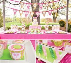 a pink and green birthday party with cupcakes