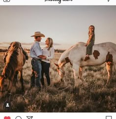 three people standing next to two horses in a field with the caption instagram