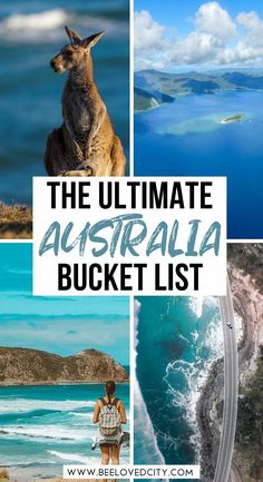 the ultimate australia bucket list with images of kangaroos, water and mountains in the background