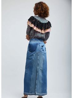 Vintage denim reworked into a patchwork panoply. Made in NYC. * Each piece is one-of-a-kind so product particulars will vary. Denim Ideas, Denim Maxi, Denim Maxi Skirt, End Of Season Sale, Cut Loose, Beauty Items, Together We Can, Ruffle Top, Upcycle Clothes