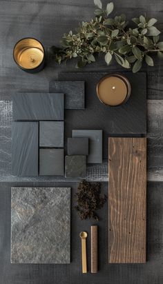 various types of tiles and candles on a table