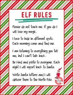 Image of Elf Rules PDF with striped background Elf Rules Free Printable, Elf On The Shelf First Time Arrival Note, Ideas For Elf On The Shelf Arrival, Easy Fun Elf On The Shelf Ideas, Elf Introduction Ideas, Elf On The Shelf Rules, Elf On The Shelf Letters, Elf Things