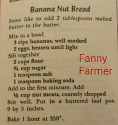 the recipe for banana nut bread is shown in an open book with red writing on it