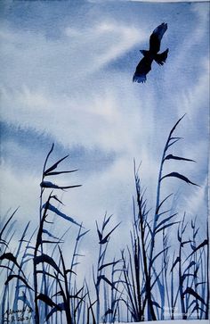 a painting of a bird flying in the sky above some tall grass and weeds with blue skies behind it