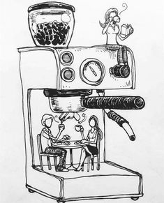 a drawing of people sitting at a table in front of an espresso machine