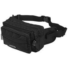 a black fanny bag with an adjustable belt and two zippers on the side,