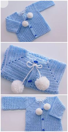 crocheted baby sweater with pom - poms on the front and back