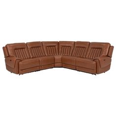 a brown leather sectional sofa with two reclinings on the back and one arm