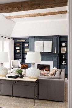 a living room filled with furniture and a fire place in the middle of a room