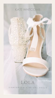 the bride's wedding shoes are adorned with pearls