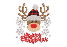 a reindeer wearing a santa hat with snowflakes around it's neck and the words merry christmas