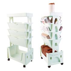 two white plastic storage racks on wheels with various items in them and one holding a brown leather bag