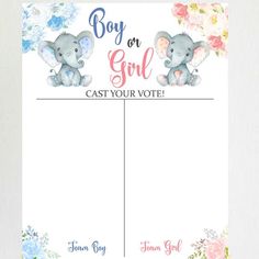 Elephants Gender Prediction Sign He or She Activity Boy or - Etsy Welcome Baby Party, Baby Gender Prediction, Gender Reveal Cards, Gender Prediction, Gender Reveal Party Theme, Girl Gender Reveal