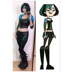 a cartoon character is taking a selfie with her cell phone and wearing black leather pants