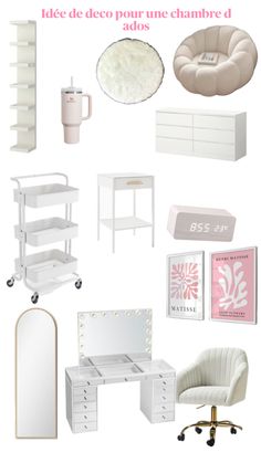 white furniture and accessories are arranged in a collage with the words,'idee deco pour une chambre d'ados '