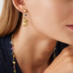 18K yellow gold Africa mixed gemstone short drop earrings. Designed by Marco Bicego. Marco Bicego, Yellow Gold, Drop Earrings, Gemstones, Yellow, Gold