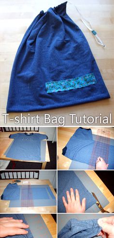 Drawstring T-shirt Bag Tutorial Drawstring Bag From Tshirt, Tee Shirts Diy, Drawstring Bag Diy, Diy Bags No Sew, T Shirt Weaving, Old Tee Shirts, Drawstring Bag Tutorials, Packing Bags Travel