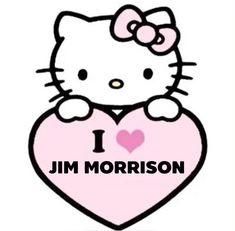 a hello kitty holding a pink heart with the words i love you on it in black and white