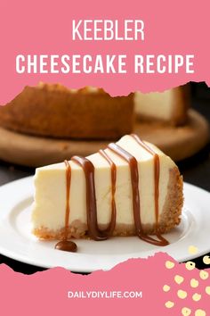 keebler cheesecake recipe on a white plate with chocolate drizzled