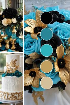 blue and gold wedding color palettes for the bride's bouquet, cake and flowers