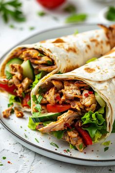 two wraps filled with meat and vegetables on a plate