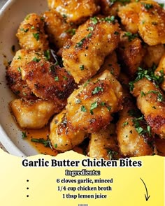 garlic butter chicken bites in a white bowl on a yellow background with instructions for how to make them