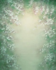 an abstract painting of white flowers and green grass with light coming from the center in the background