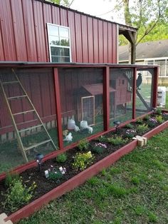 a red chicken coop with chickens in it