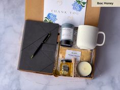 a box filled with personal care items on top of a table