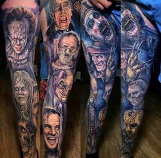 some people with tattoos on their legs and leggings are all covered in many different faces