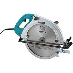 a circular saw is being used to cut wood with a metal blade and blue handle