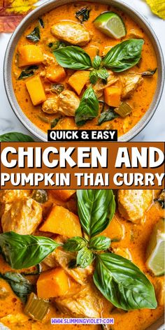 chicken and pumpkin thai curry in a bowl with leaves on the side, text overlay reads quick & easy chicken and pumpkin thai curry