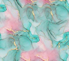 an abstract painting with blue, pink and gold paint on it's surface that looks like marble