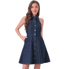 This casual summer denim dress is crafted in an A-line fit with a button-down closure and a halter neck. This dress features a halter neck, adding a feminine and romantic touch to your outfit. It's perfect for both casual and dressy occasions. Features a high waist design that accentuates your figure and makes you look taller. Pair it with your high heels for casual summer outfits. Dark Wash Button Closure Summer Dress, Dark Wash Button-up Denim Dress For Summer, Summer Collared Denim Dress, Spring Knee-length Denim Dress With Snap Buttons, Summer Denim Blue Dress With Button Closure, Summer Denim Dress With Buttons For Casual Wear, Collared Denim Dress For Summer, Summer Button-up Denim Dress With Button Closure, Dark Wash Collared Dress With Button Closure