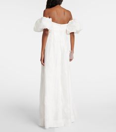 Matchmaker puff-sleeve off-shoulder gown in white - Rebecca Vallance | Mytheresa Luxury Fitted Off-shoulder Gown, White Fitted Off-shoulder Puff Sleeve Dress, Elegant Off Shoulder Puff Sleeve Dress For Evening, Elegant White Off-shoulder Puff Sleeve Dress, Elegant Off-shoulder White Puff Sleeve Dress, White Evening Gown With Straight Neckline, Fitted Off-shoulder Puff Sleeve Dress For Evening, Fitted Off-shoulder Puff Sleeve Wedding Dress, Chic Fitted Off-shoulder Gown