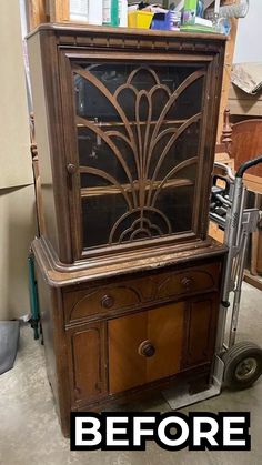 an old wooden cabinet with the words before and after it has been painted brown in color