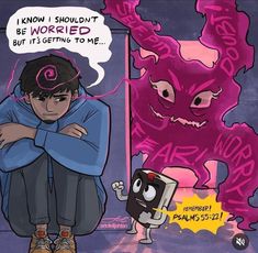 a drawing of a man sitting in front of a purple monster