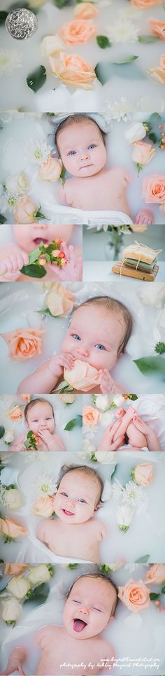 a baby in a bath with flowers on it