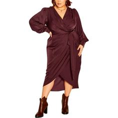 Manufacturer: City Chic Style Type: Midi Dress Collection: City Chic Sleeve Length: Bell Sleeves Material: 100% Polyester Fabric Type: Satin Specialty: Surplice Sku: BH5762461 Removable Belt Included Size: 22.  Color: Purple.  Gender: female.  Age Group: adult. Plus Size Silk Dress With Sweater, Satin Long Sleeve, Long Sleeve Midi, Long Sleeve Midi Dress, City Chic, Color Purple, Dress Collection, Plus Size Dresses, Gender Female