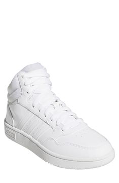 Signature brand logo 3-stripe detail meets a pair of mid top sneakers with a lace-up closure for a street inspired look. Round toe Lace-up style Cushioned insole White sole Synthetic leather upper, rubber sole Imported Adidas High-top Sneakers, Adidas Casual Basketball Shoes, Casual Basketball Shoes With Three Stripes, Casual Basketball Shoes For Streetwear With White Laces, Casual Basketball Shoes With White Laces, Adidas High-top Lace-up Sneakers Athleisure, Sporty High-top Sneakers For Streetwear With White Laces, Adidas High-top Sneakers With Laces, High-top Basketball Shoes With White Sole And Laces